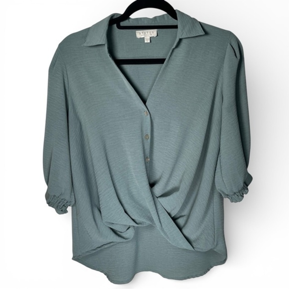 Sage Green Draped Wrap Blouse Twist Front Flowy Collared Top S